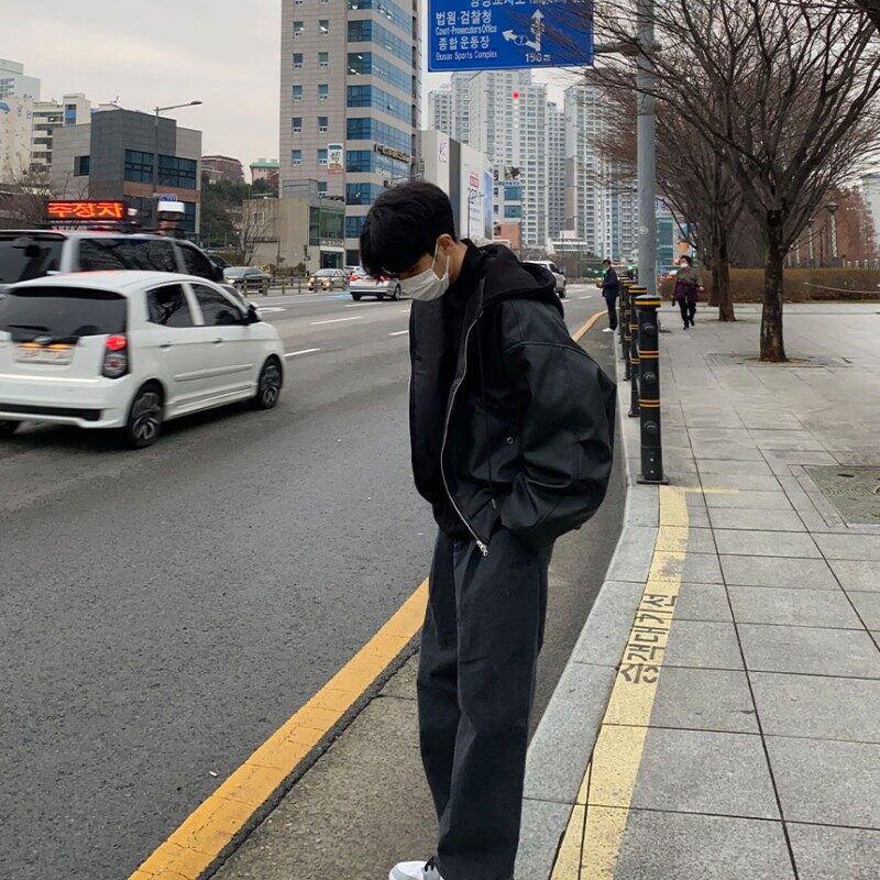 816B-PY008-2024 Winter New Korean Style Men's Loose Hooded Trendy Jacket Black Puffy Handsome Leather