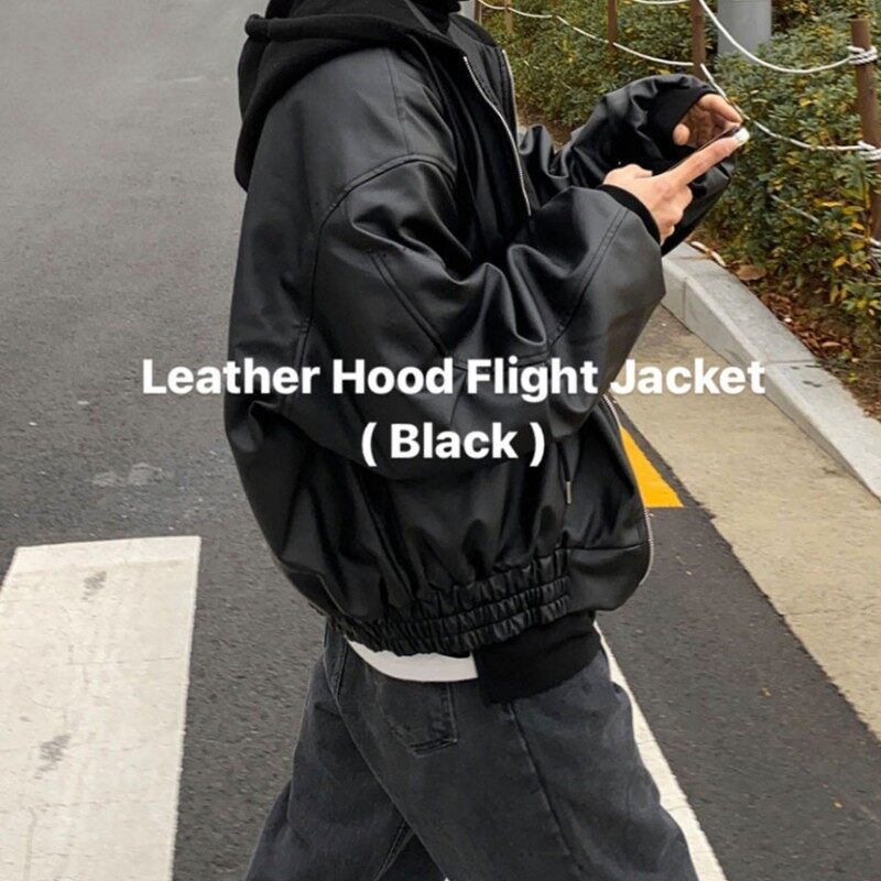 816B-PY008-2024 Winter New Korean Style Men's Loose Hooded Trendy Jacket Black Puffy Handsome Leather