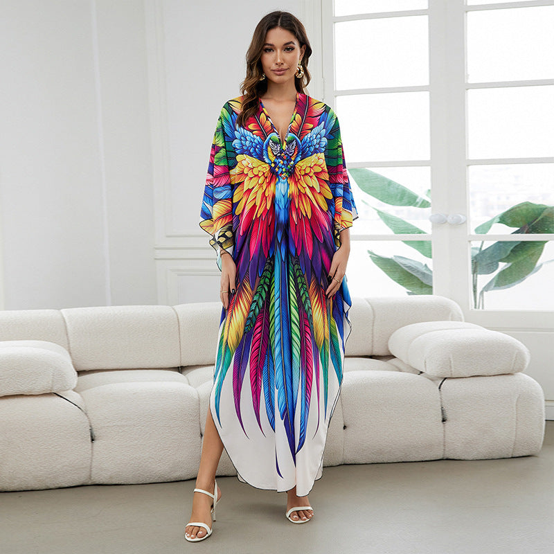 European and American New Positioning Printed dress Holiday Beach Clothes Robe plus size Beach Sunscreen Bikini Blouse