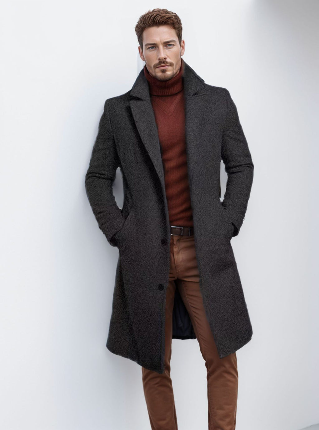 Foreign Trade Men's 2024 New Woolen Coat Men's Mid-length Solid Color Woolen Coat for Autumn and Winter Youth Coat