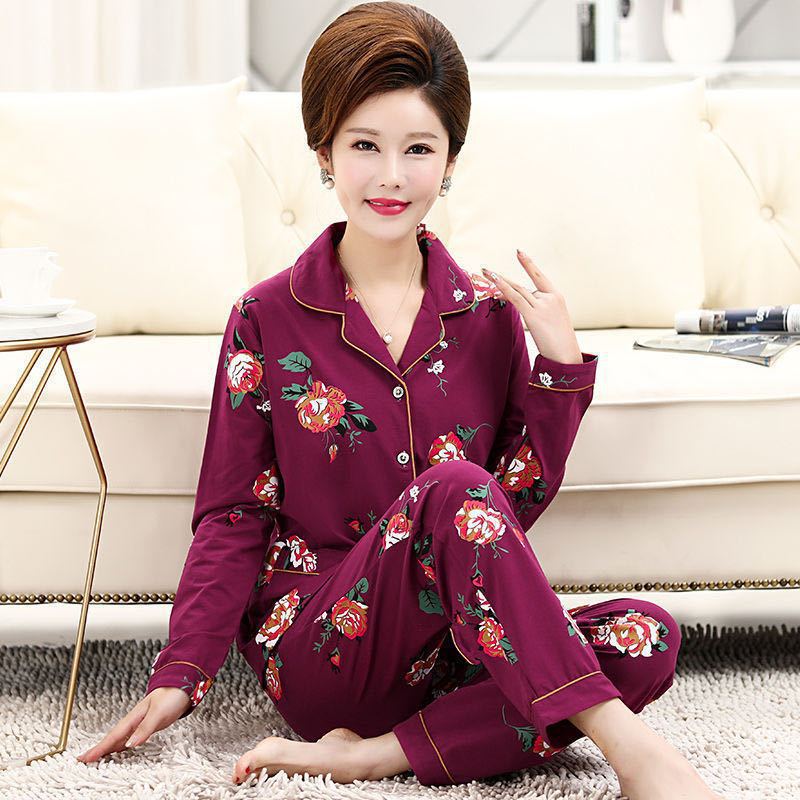 Middle-aged mom long-sleeved pajamas women's 100% cotton spring and autumn women's elderly plus size autumn and winter home wear suit
