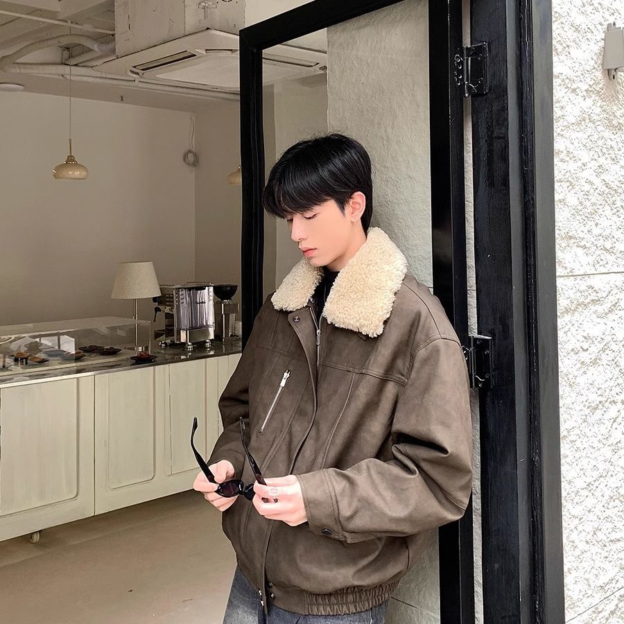 Lapel Loose Cotton-padded Coat for Boys Winter Warm Lamb Fur One-piece Jacket Thickened Coat Autumn and Winter Collar