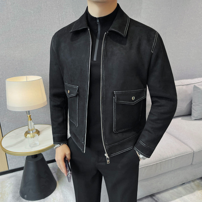Autumn and Winter New Men's Jacket Coat Fur Fleece Large Pocket Lapel Solid Color Copper Zipper Casual Jacket Top