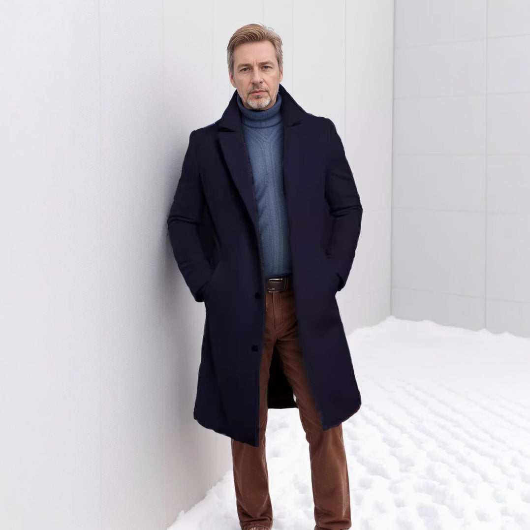 Foreign Trade Men's 2024 New Woolen Coat Men's Mid-length Solid Color Woolen Coat for Autumn and Winter Youth Coat