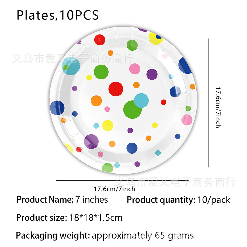 New Simple Rainbow Dot Birthday Theme Party Disposable Decorative Tableware Paper Plate Tablecloth Decorative suit Products