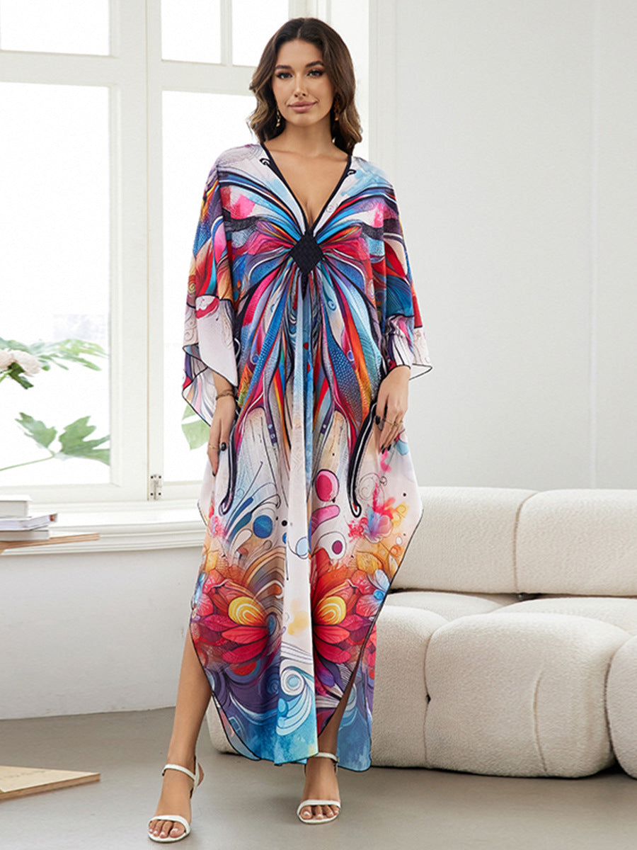 European and American New Positioning Printed dress Holiday Beach Clothes Robe plus size Beach Sunscreen Bikini Blouse