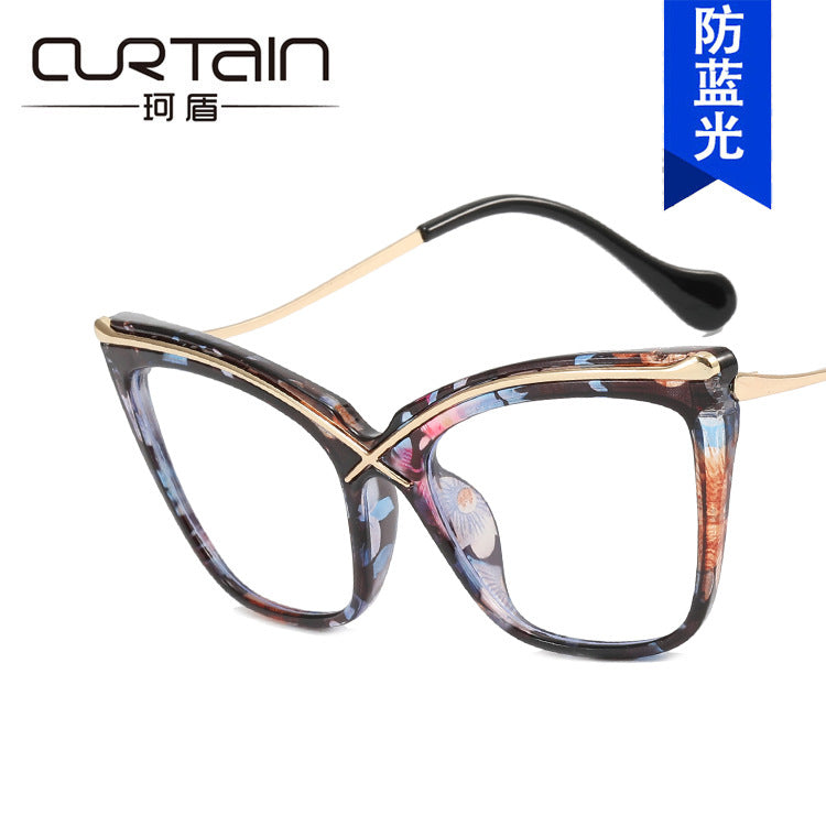 X Cat Eye Metal Glasses Frame 2022 New Anti-Blue Light Large Frame Flat Mirror European and American Ins Trendy Retro Glasses Frame