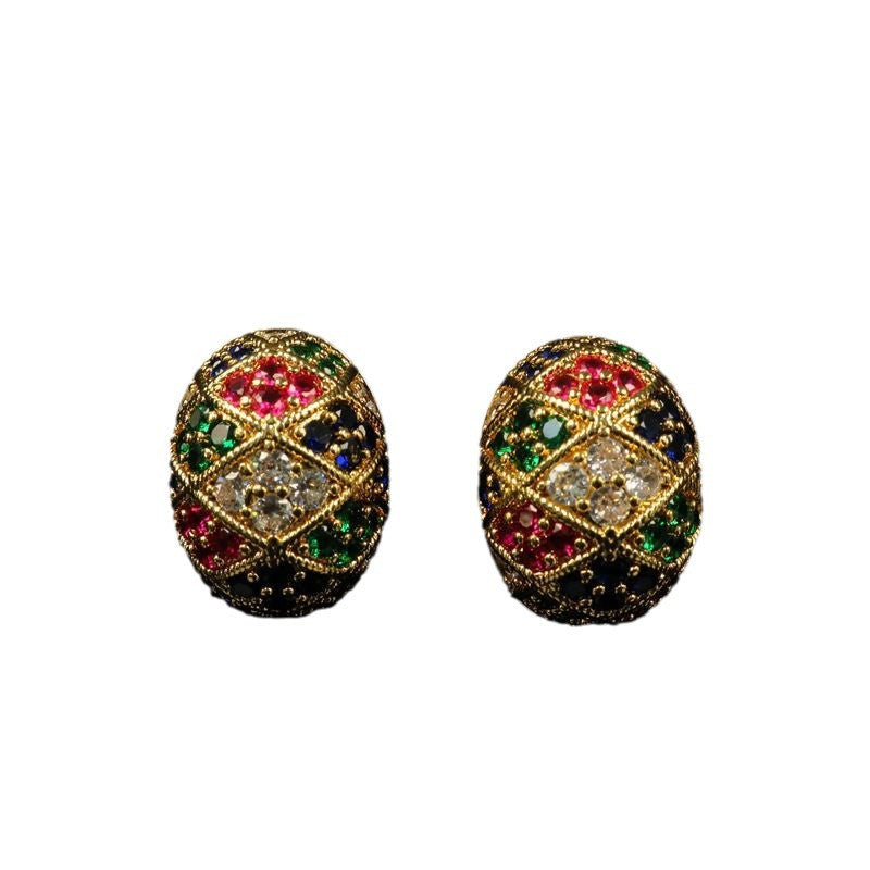 Electroplated real gold copper wax inlaid with exquisite temperament color small earrings high sense palace style fashion all-match jewelry