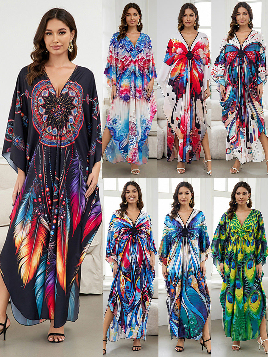European and American New Positioning Printed dress Holiday Beach Clothes Robe plus size Beach Sunscreen Bikini Blouse