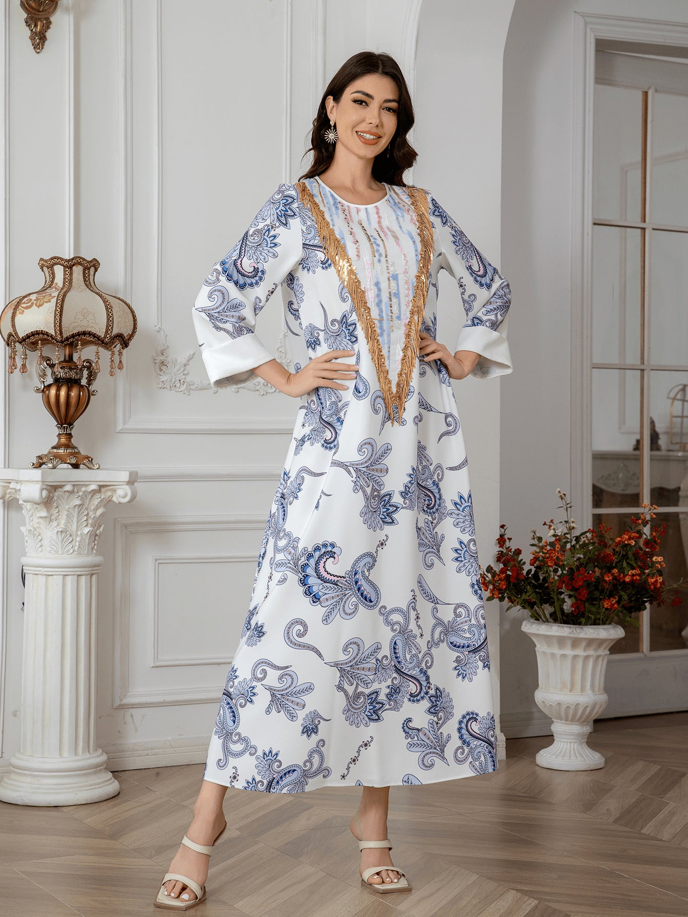 Sw0821 Amazon Women's Printed Robe Evening Dress European and American Cross-Border Dress Wholesale Long