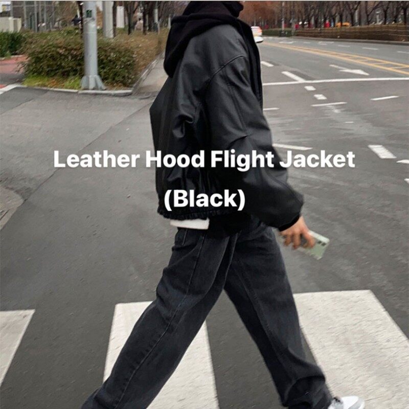816B-PY008-2024 Winter New Korean Style Men's Loose Hooded Trendy Jacket Black Puffy Handsome Leather