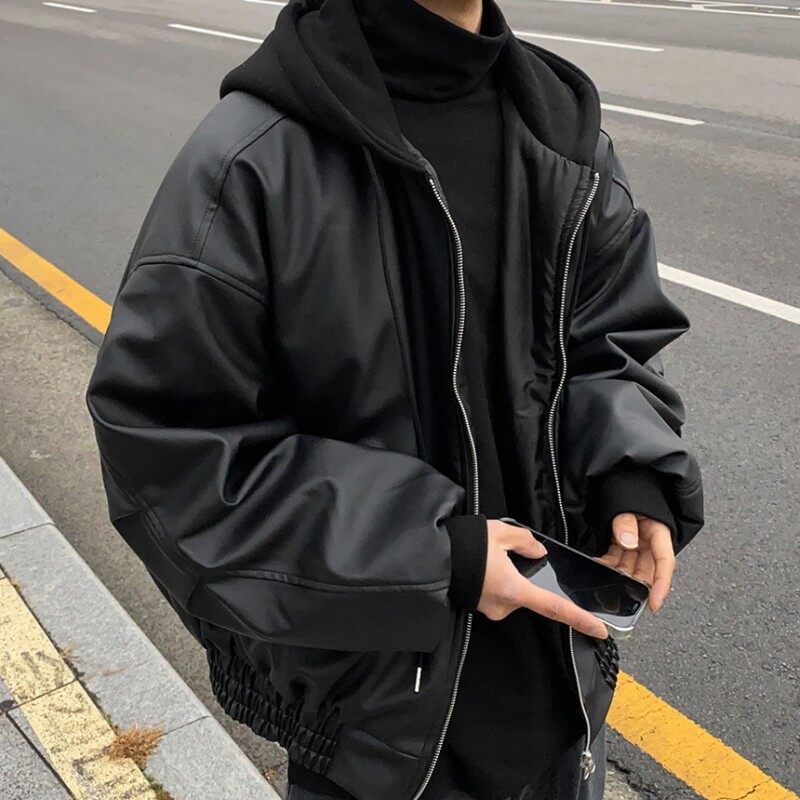 816B-PY008-2024 Winter New Korean Style Men's Loose Hooded Trendy Jacket Black Puffy Handsome Leather