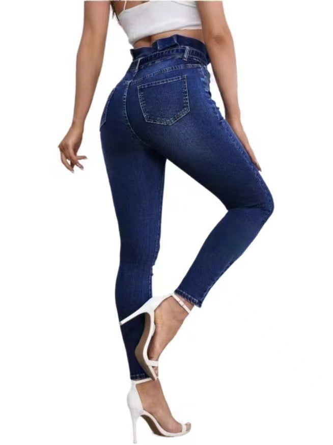 Independent E-Commerce Platform Cross-Border European and American Style Stretch Denim Pants with Ruffled Hem, Slim Fit, Casual and Fashionable Versatile Women's Trousers