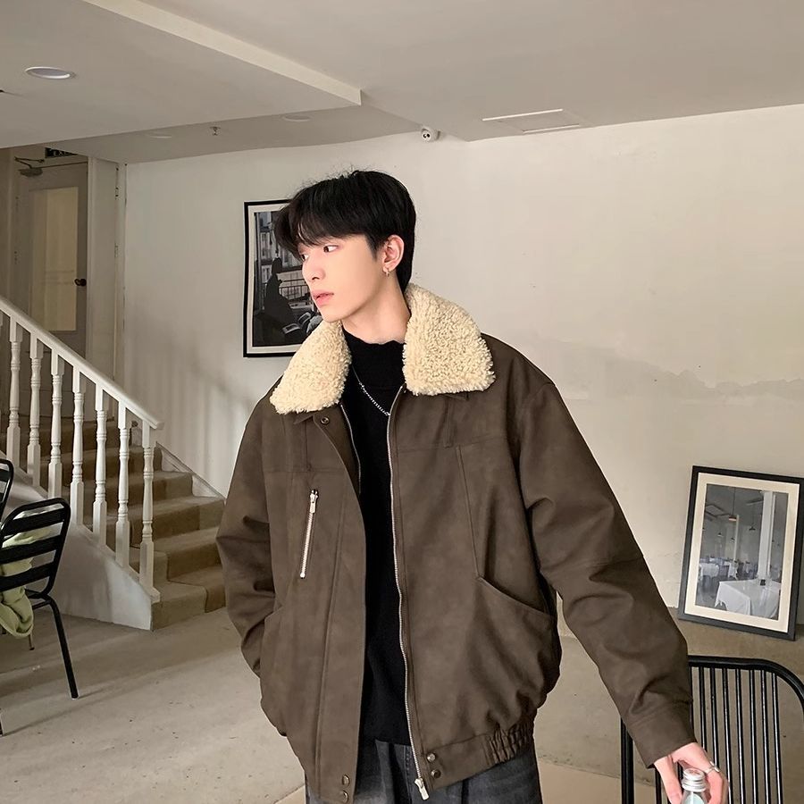 Lapel Loose Cotton-padded Coat for Boys Winter Warm Lamb Fur One-piece Jacket Thickened Coat Autumn and Winter Collar