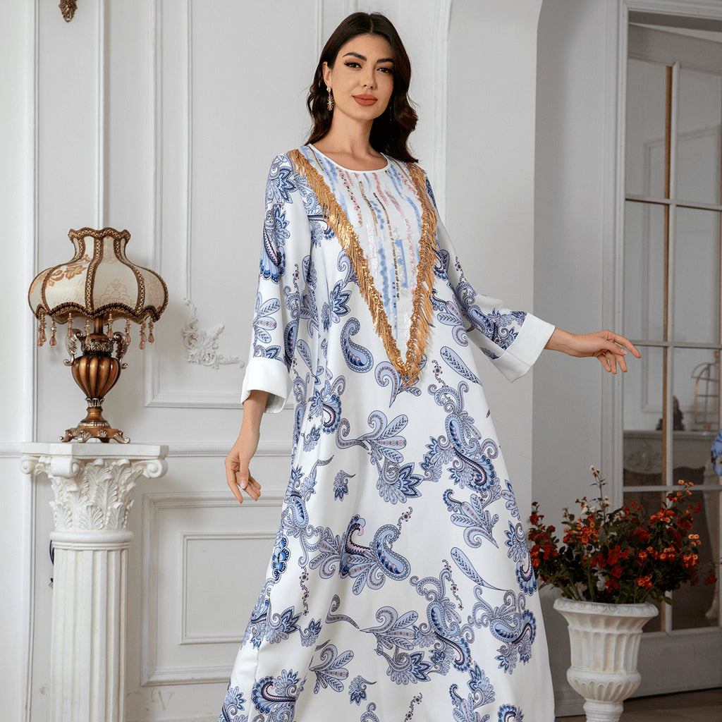 Sw0821 Amazon Women's Printed Robe Evening Dress European and American Cross-Border Dress Wholesale Long