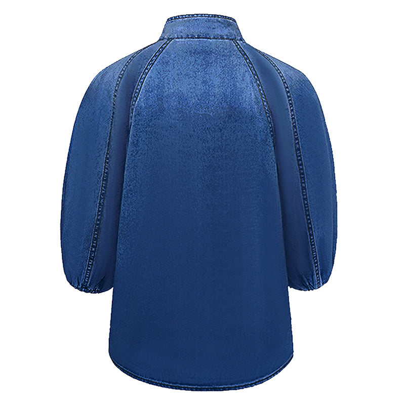 2026 Spring and Autumn Gradient Color Lightweight Half-Sleeve Puff Sleeve Pullover Denim Top Shirt with a Stylish Casual and Minimalist Look