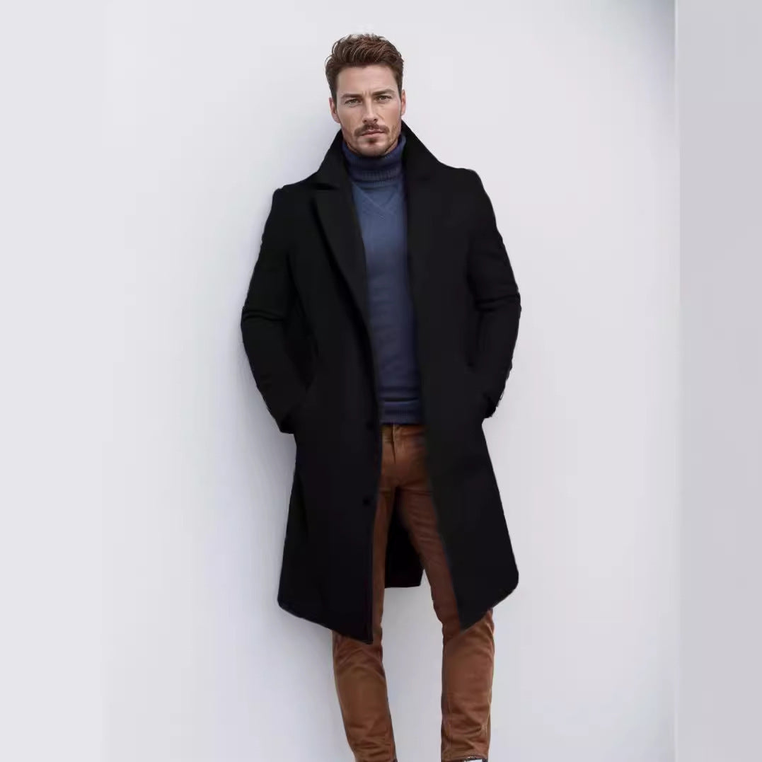 Foreign Trade Men's 2024 New Woolen Coat Men's Mid-length Solid Color Woolen Coat for Autumn and Winter Youth Coat