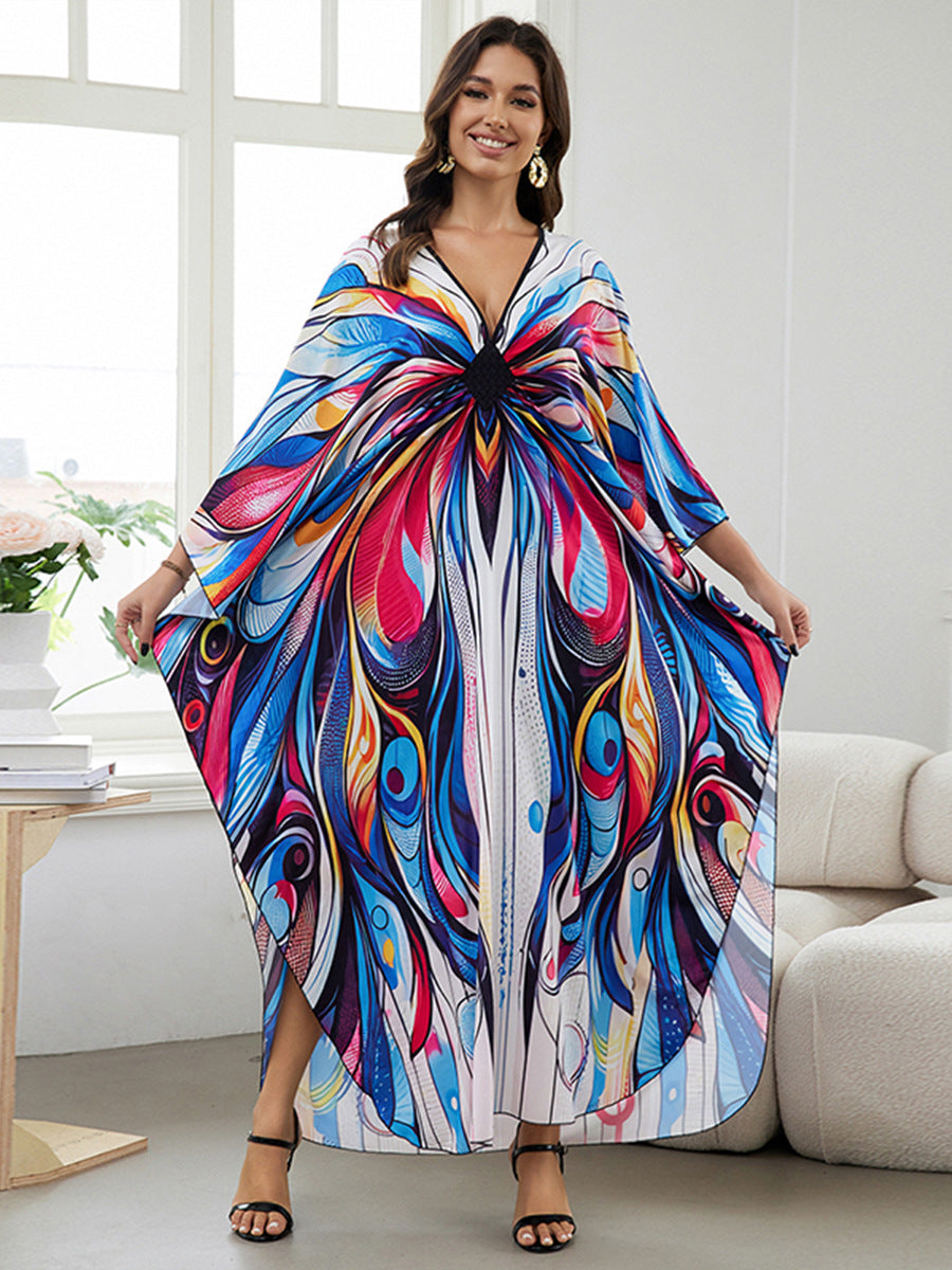 European and American New Positioning Printed dress Holiday Beach Clothes Robe plus size Beach Sunscreen Bikini Blouse