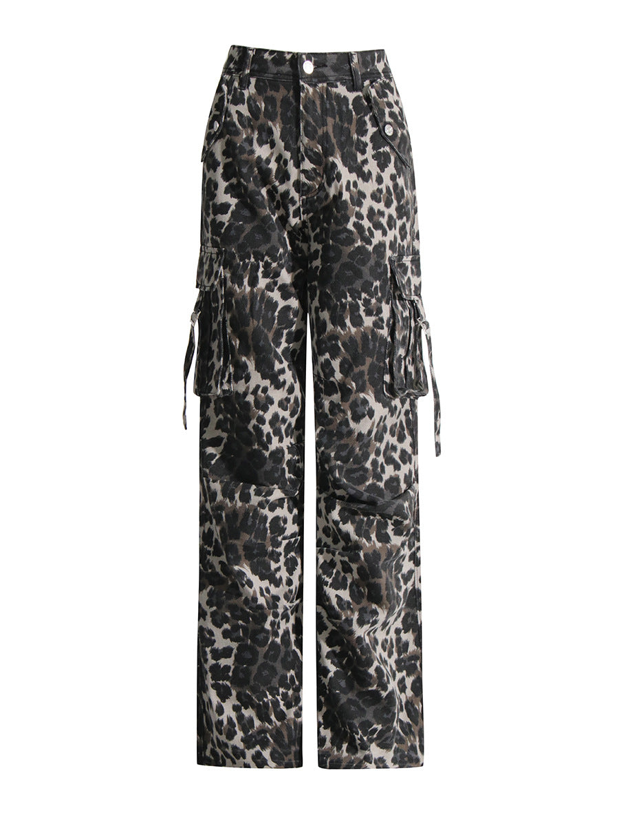 Personalized Workwear Pants 2026 Spring New Fashion High-End Leopard Print Pocket Patchwork Wide-Leg Casual Pants for Women