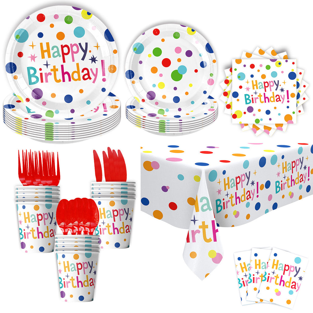 New Simple Rainbow Dot Birthday Theme Party Disposable Decorative Tableware Paper Plate Tablecloth Decorative suit Products