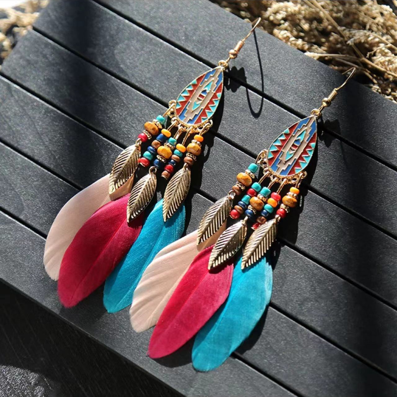Bohemian Turquoise Earrings European and American Retro Owl Geometric Dreamcatcher Feather Tassel Earrings Women