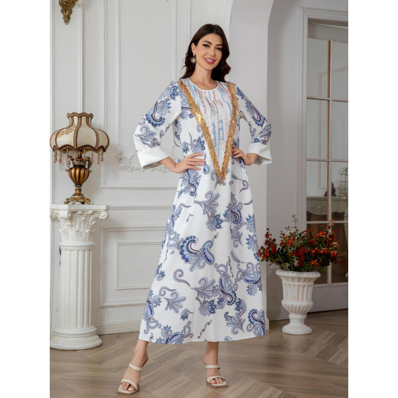 Sw0821 Amazon Women's Printed Robe Evening Dress European and American Cross-Border Dress Wholesale Long