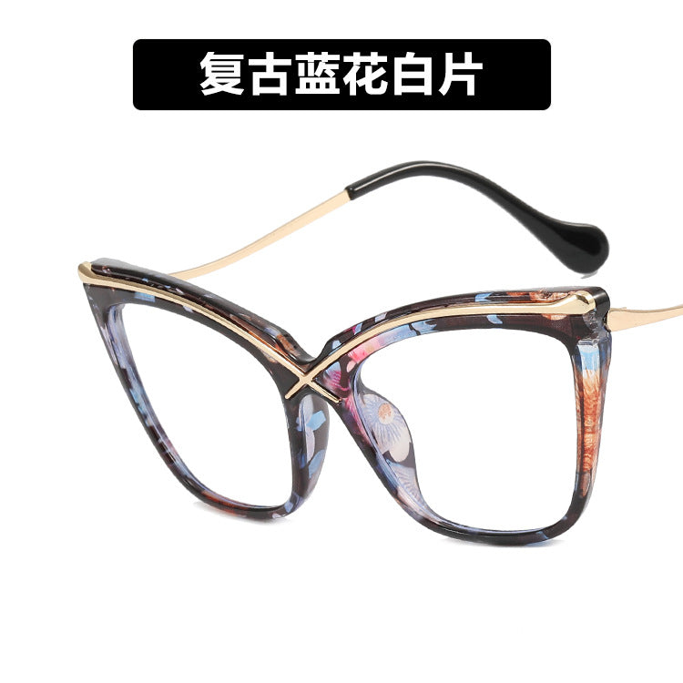 X Cat Eye Metal Glasses Frame 2022 New Anti-Blue Light Large Frame Flat Mirror European and American Ins Trendy Retro Glasses Frame