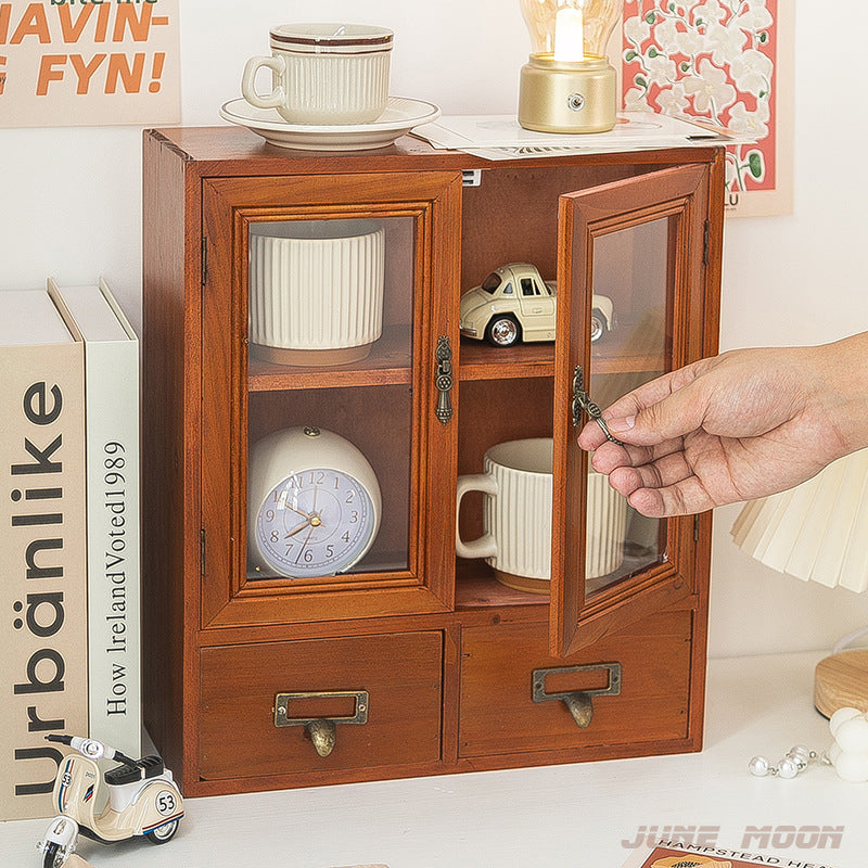 Desktop Storage Box Blind Box Storage Wooden Glass Drawer-Style Vintage Solid Wood Zakka Cosmetic Cabinet Multi-Layer