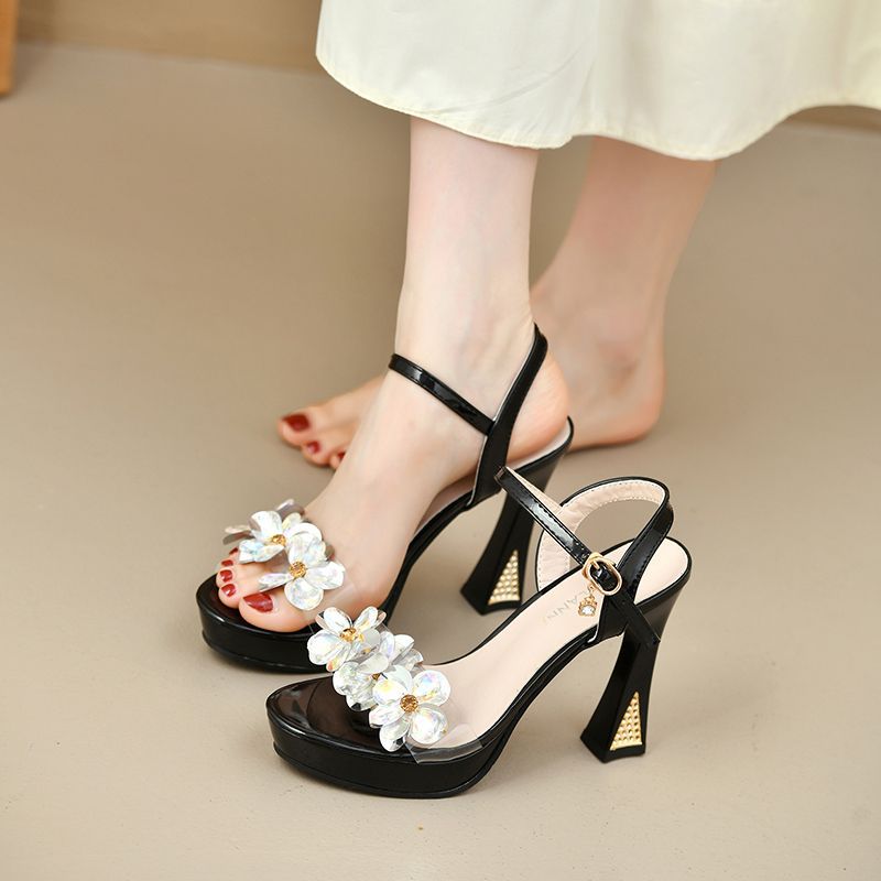 Flower Sandals for Women, New Products, Flower Buckle High Heels, Women's Thick Heels, Versatile Waterproof Platform Women's Shoes, New Products