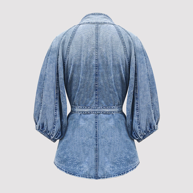 2026 Spring and Autumn Gradient Color Lightweight Half-Sleeve Puff Sleeve Pullover Denim Top Shirt with a Stylish Casual and Minimalist Look
