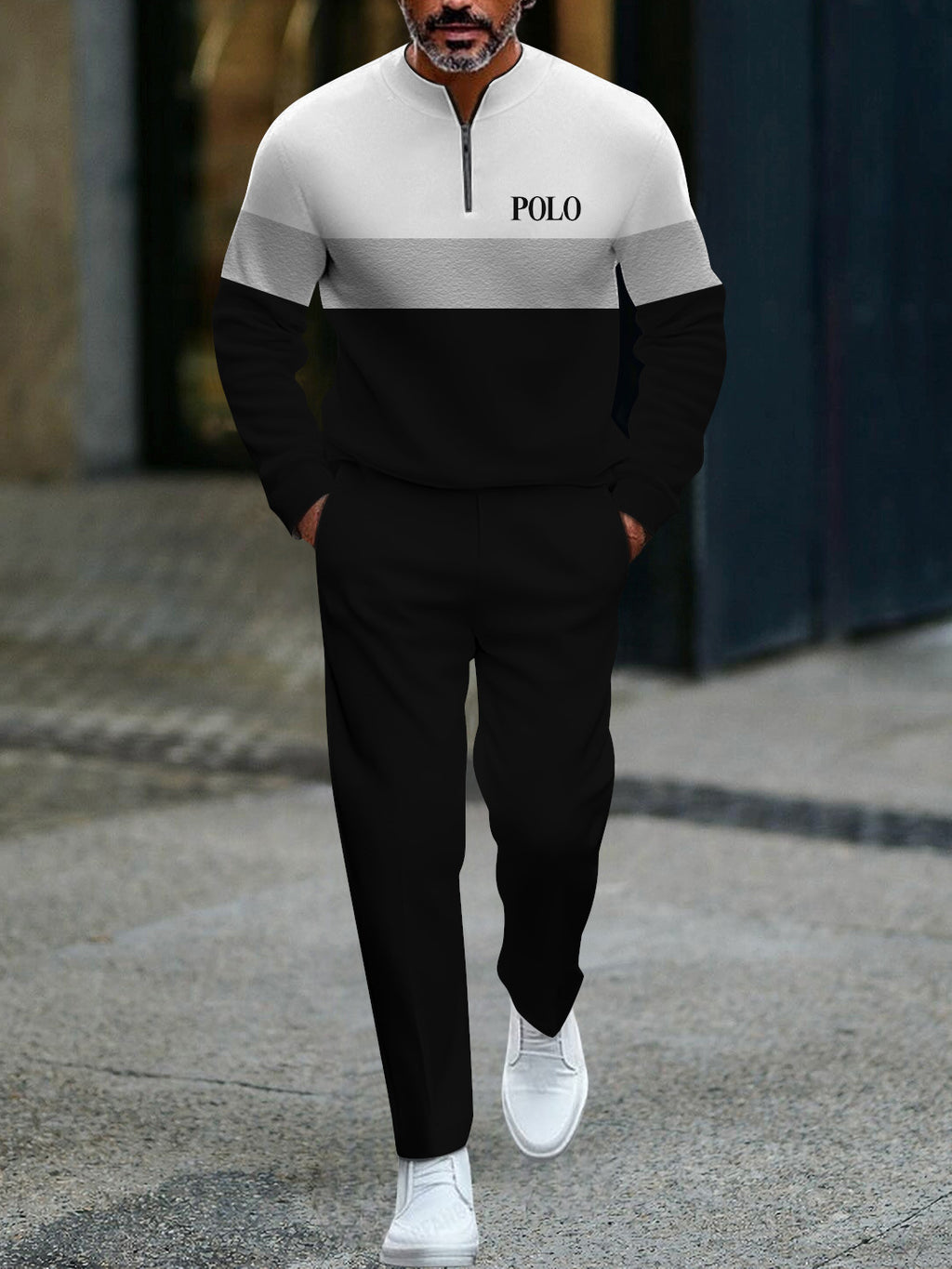 Foreign Trade Hot-Selling Air Layer Fashion Printed Placket Zipper Pullover Casual Sweatshirt Men's Long-Sleeved Pants Suit