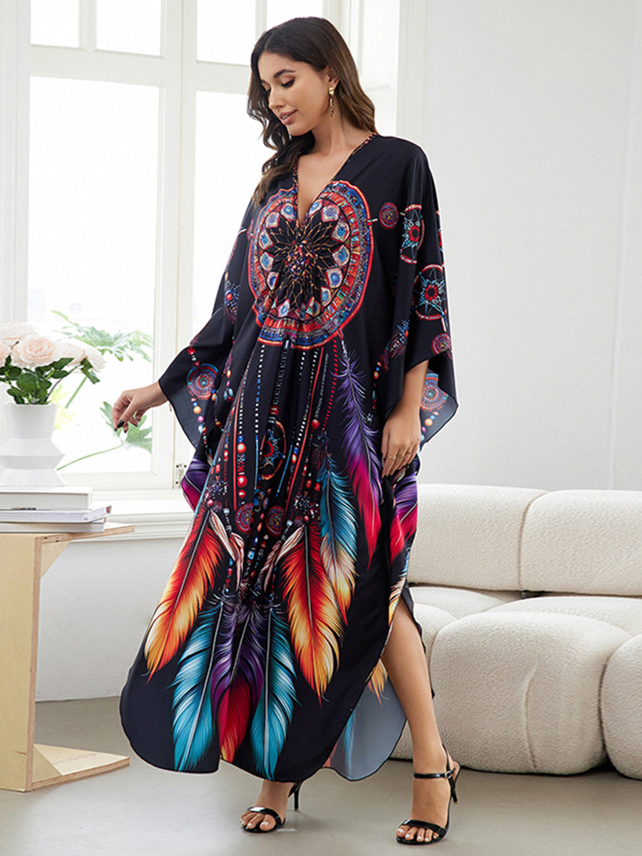 European and American New Positioning Printed dress Holiday Beach Clothes Robe plus size Beach Sunscreen Bikini Blouse