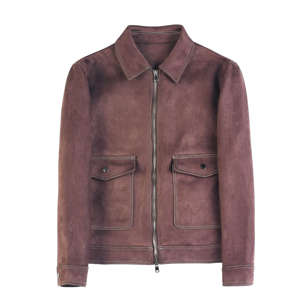Autumn and Winter New Men's Jacket Coat Fur Fleece Large Pocket Lapel Solid Color Copper Zipper Casual Jacket Top