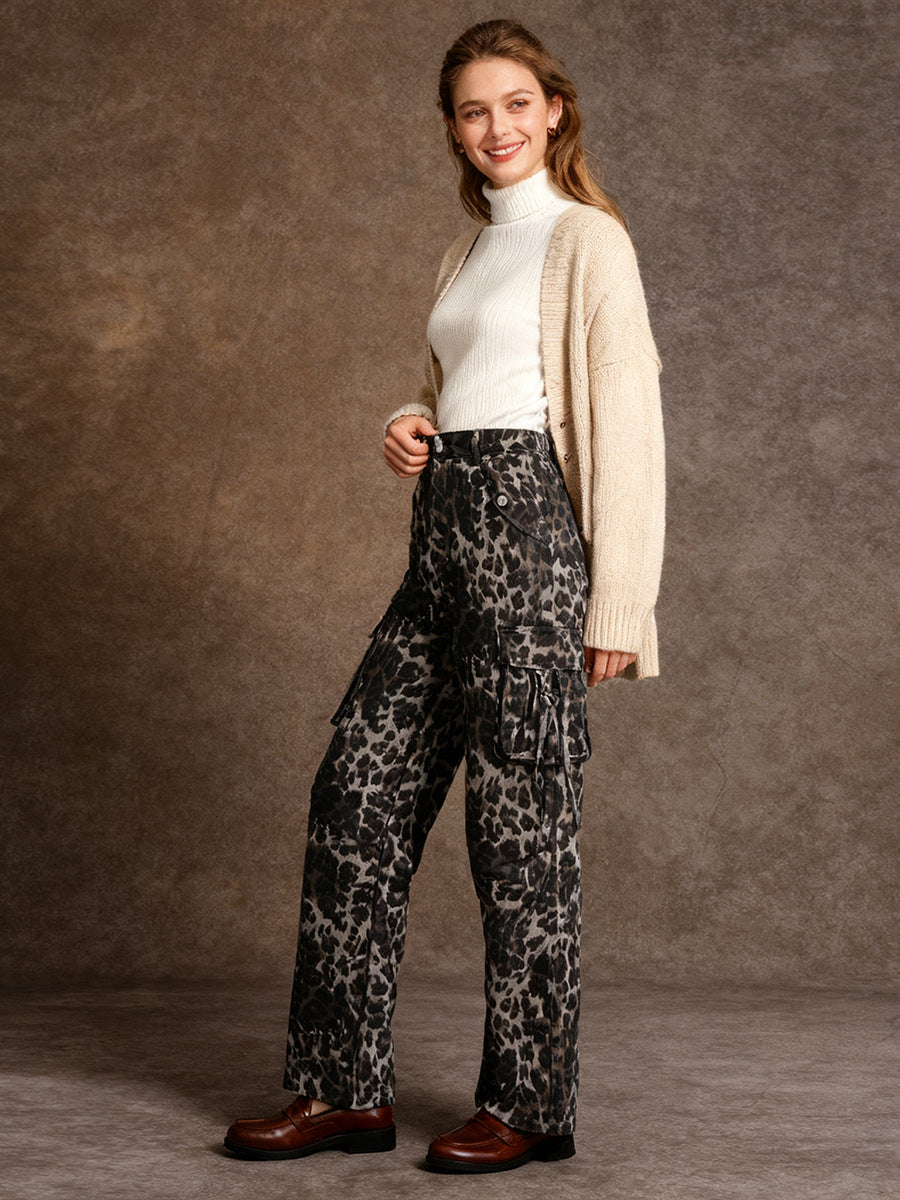 Personalized Workwear Pants 2026 Spring New Fashion High-End Leopard Print Pocket Patchwork Wide-Leg Casual Pants for Women