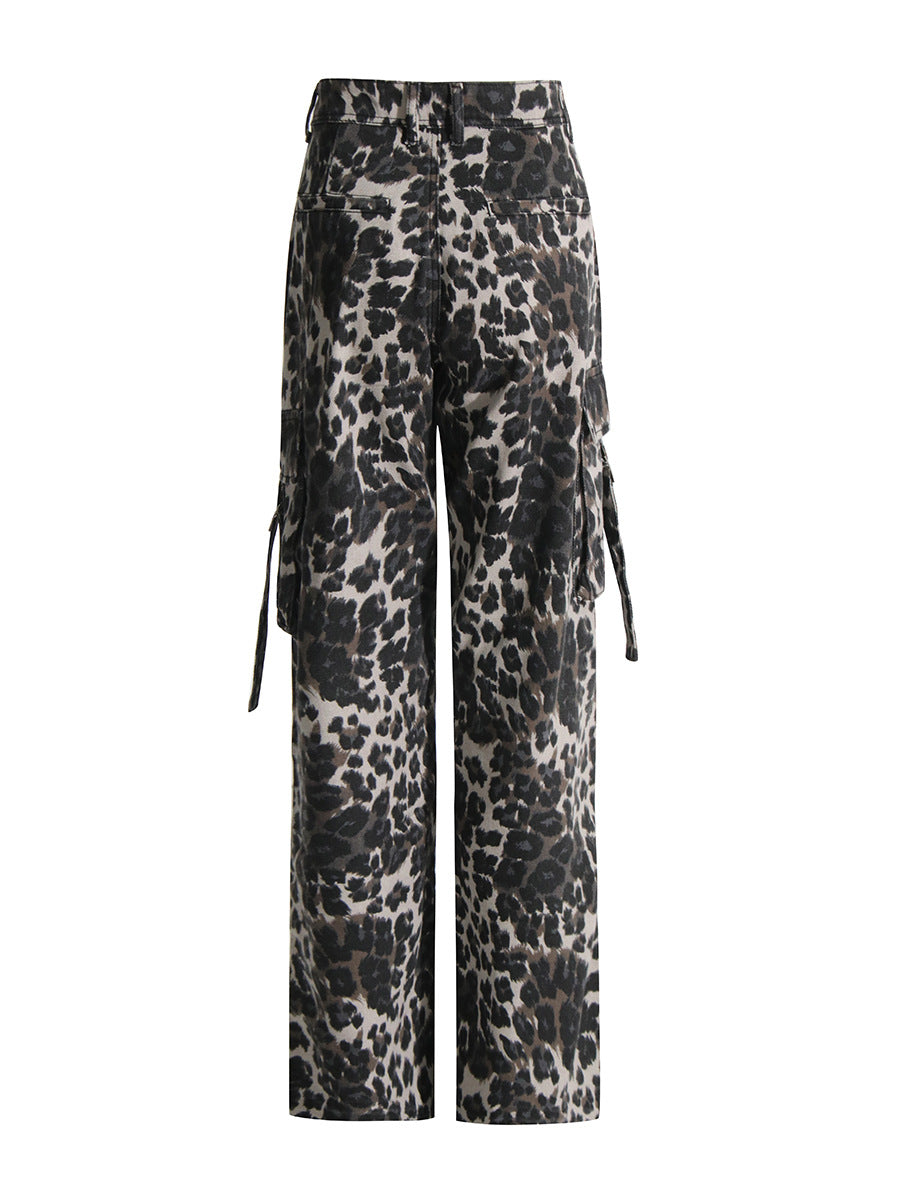 Personalized Workwear Pants 2026 Spring New Fashion High-End Leopard Print Pocket Patchwork Wide-Leg Casual Pants for Women