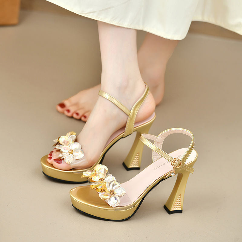 Flower Sandals for Women, New Products, Flower Buckle High Heels, Women's Thick Heels, Versatile Waterproof Platform Women's Shoes, New Products