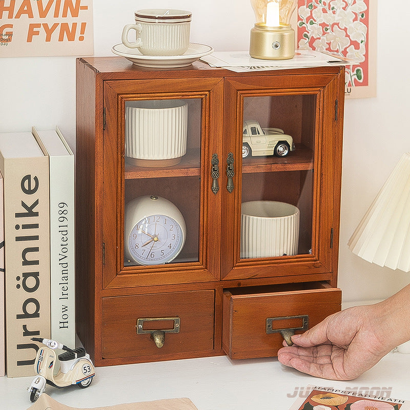 Desktop Storage Box Blind Box Storage Wooden Glass Drawer-Style Vintage Solid Wood Zakka Cosmetic Cabinet Multi-Layer