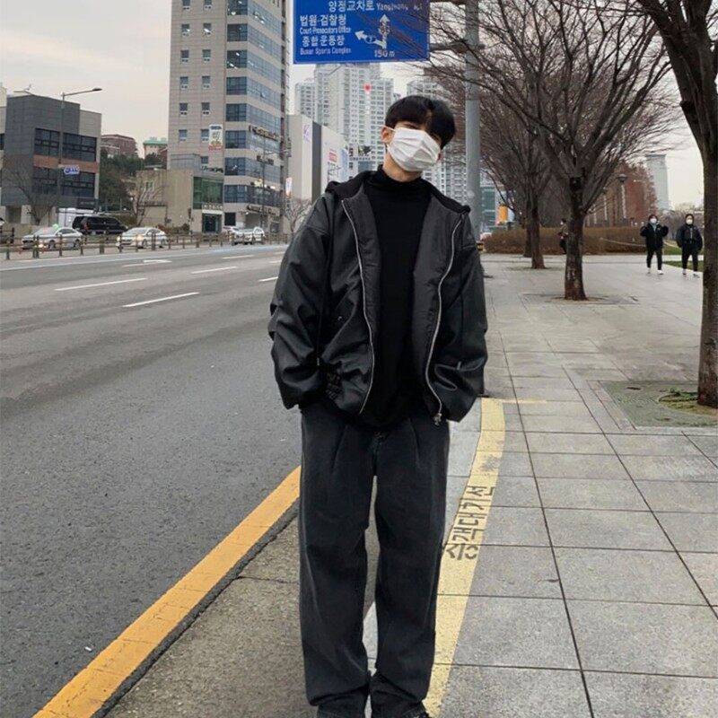816B-PY008-2024 Winter New Korean Style Men's Loose Hooded Trendy Jacket Black Puffy Handsome Leather