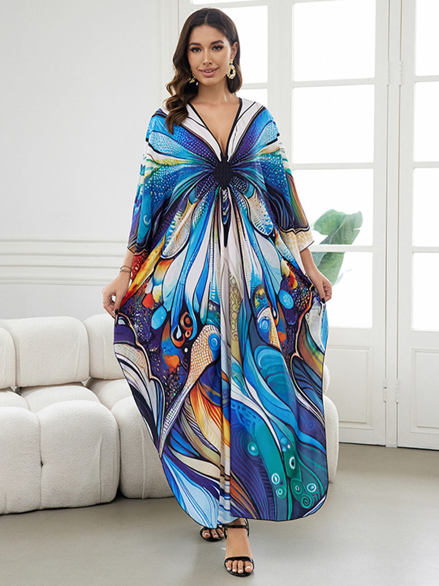 European and American New Positioning Printed dress Holiday Beach Clothes Robe plus size Beach Sunscreen Bikini Blouse