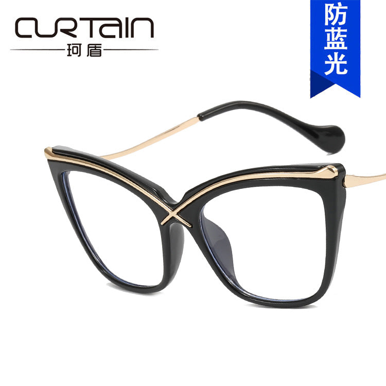 X Cat Eye Metal Glasses Frame 2022 New Anti-Blue Light Large Frame Flat Mirror European and American Ins Trendy Retro Glasses Frame