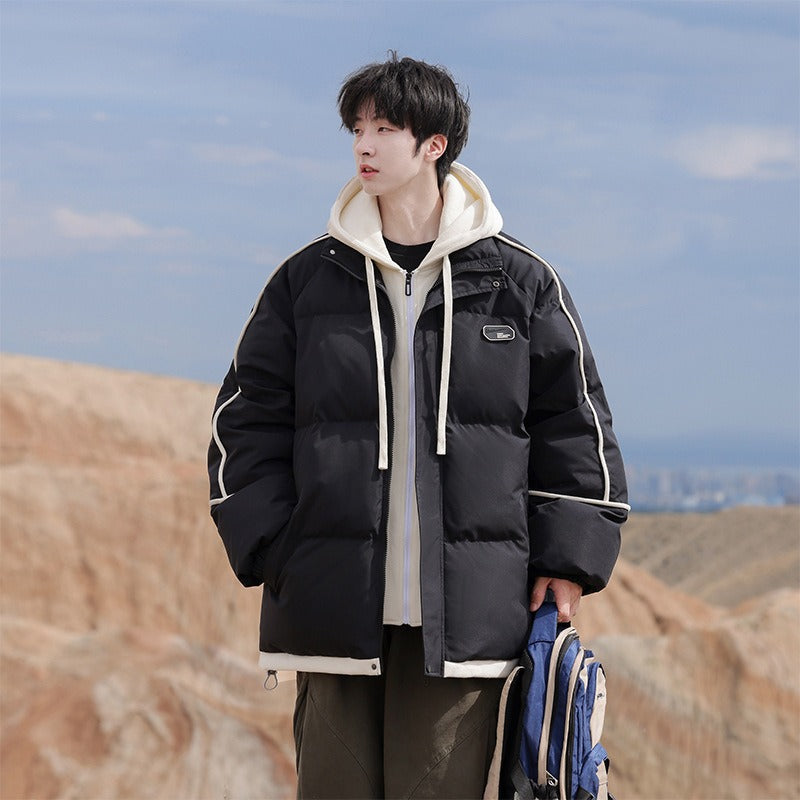 Fake Two-Piece Cotton Jacket for Men, New Winter Thickened Warm Cotton Coat, Japanese Style Trendy Hooded Cotton Jacket, Workwear Jacket for Men