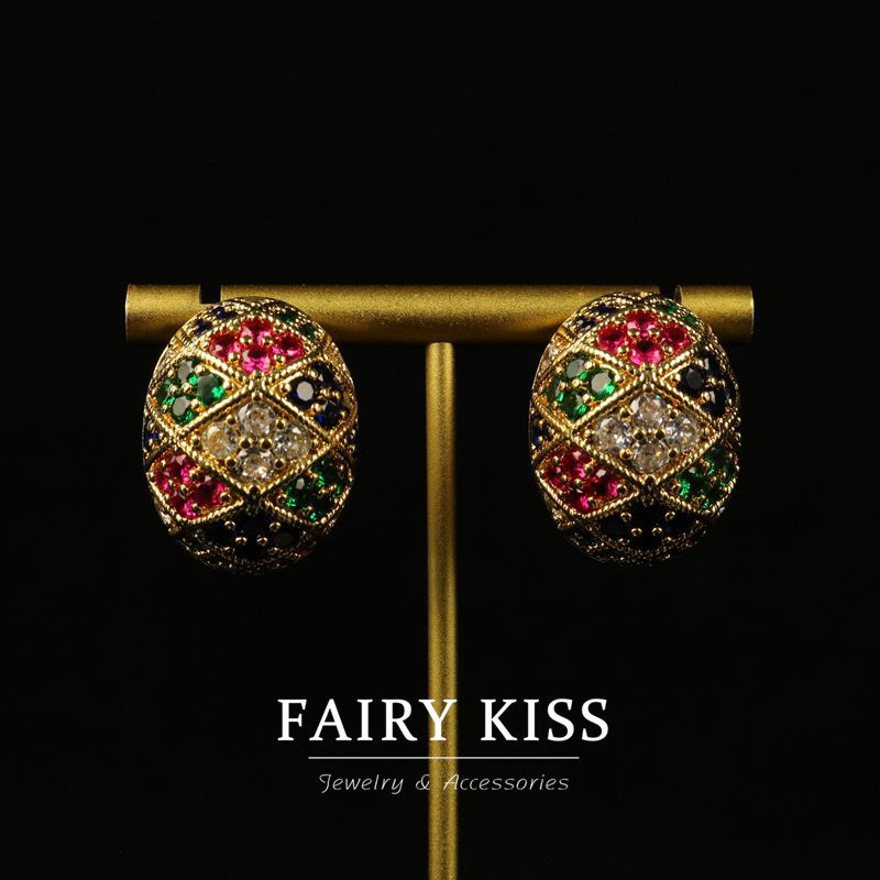 Electroplated real gold copper wax inlaid with exquisite temperament color small earrings high sense palace style fashion all-match jewelry
