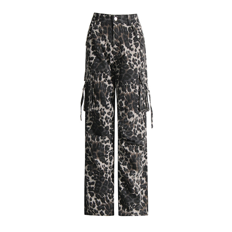 Personalized Workwear Pants 2026 Spring New Fashion High-End Leopard Print Pocket Patchwork Wide-Leg Casual Pants for Women