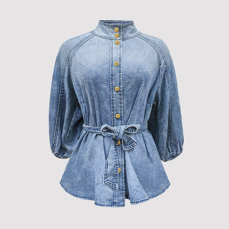 2026 Spring and Autumn Gradient Color Lightweight Half-Sleeve Puff Sleeve Pullover Denim Top Shirt with a Stylish Casual and Minimalist Look