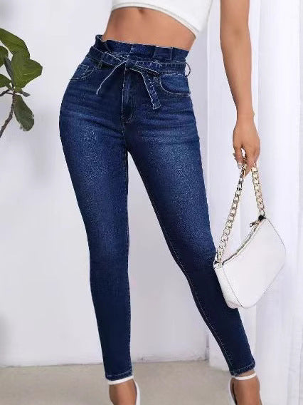 Independent E-Commerce Platform Cross-Border European and American Style Stretch Denim Pants with Ruffled Hem, Slim Fit, Casual and Fashionable Versatile Women's Trousers