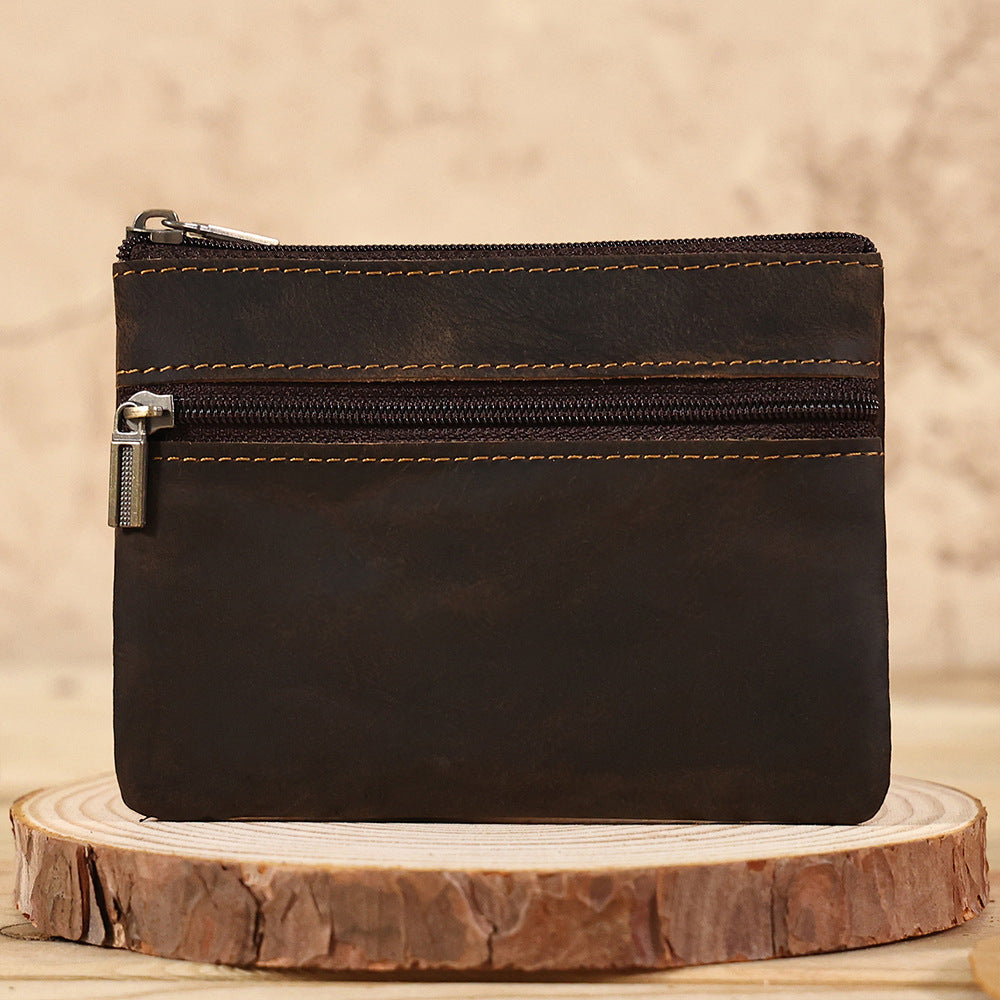 Cross-Border Crazy Horse Leather Short Coin Purse Card Holder, Lightweight Portable Coin Storage Bag, Small Wallet, Genuine Leather Vintage Bag
