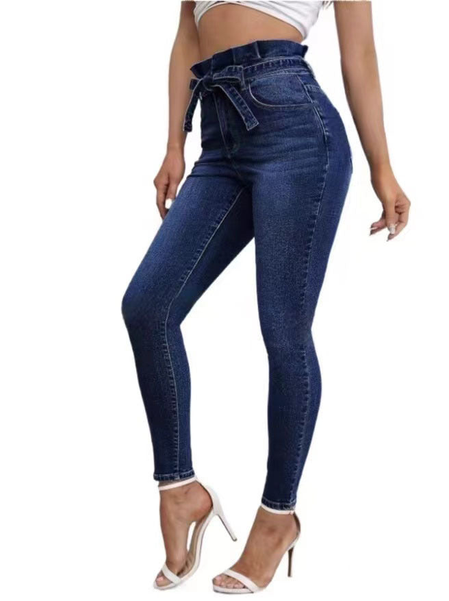 Independent E-Commerce Platform Cross-Border European and American Style Stretch Denim Pants with Ruffled Hem, Slim Fit, Casual and Fashionable Versatile Women's Trousers