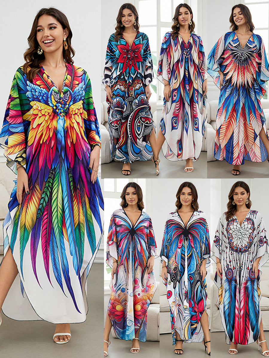 European and American New Positioning Printed dress Holiday Beach Clothes Robe plus size Beach Sunscreen Bikini Blouse