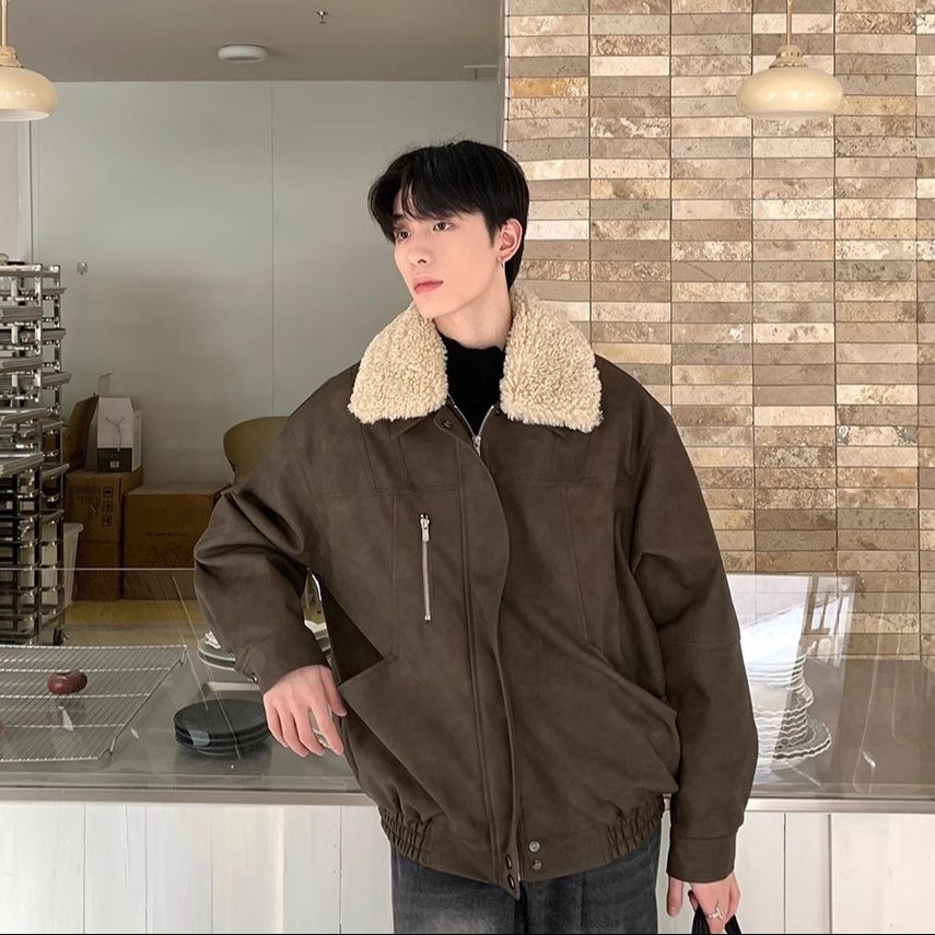 Lapel Loose Cotton-padded Coat for Boys Winter Warm Lamb Fur One-piece Jacket Thickened Coat Autumn and Winter Collar