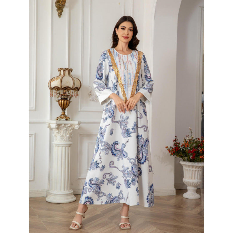 Sw0821 Amazon Women's Printed Robe Evening Dress European and American Cross-Border Dress Wholesale Long